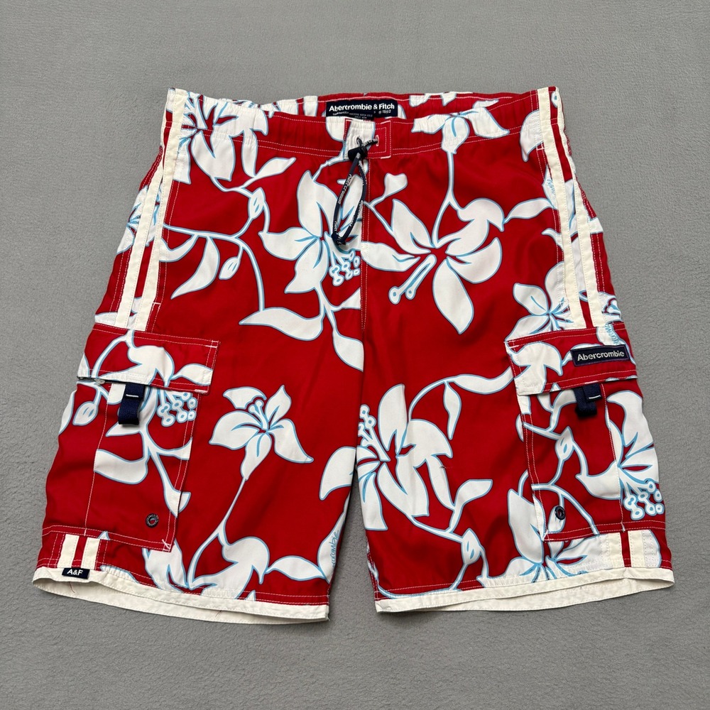 Abercrombie & Fitch Board Shorts Mens Medium Red Floral Cargo Swim Trunks Y2K